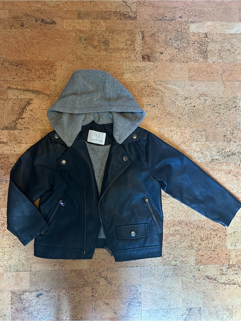 Zara Kids Black Faux Leather Moto Jacket with Gray Hood 3-4 Years